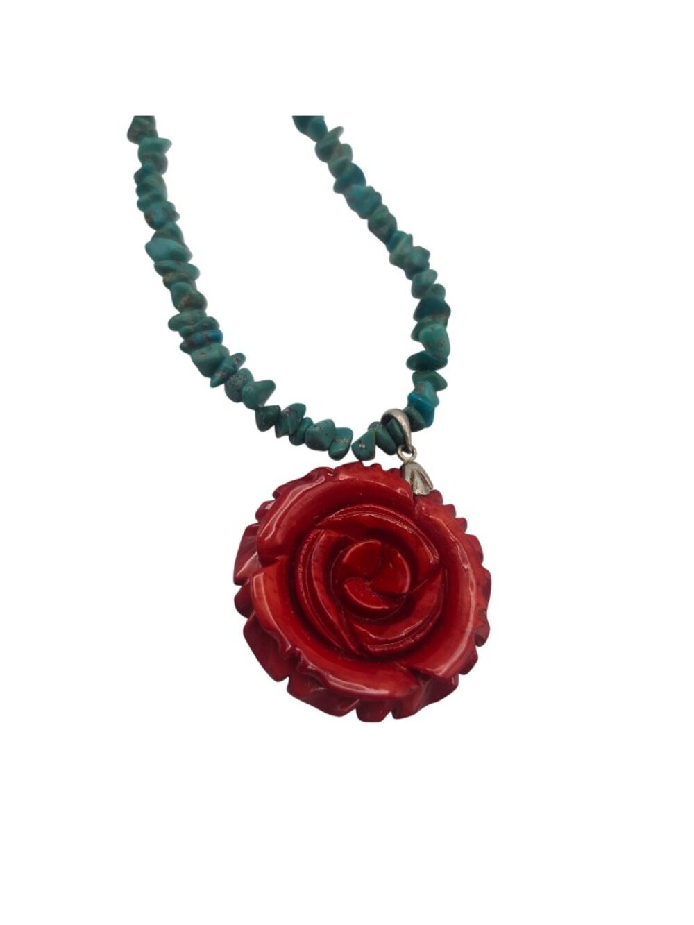 Vintage Turquoise Bead Nugget Necklace Red Rose Coral Pendant Sterling Silver